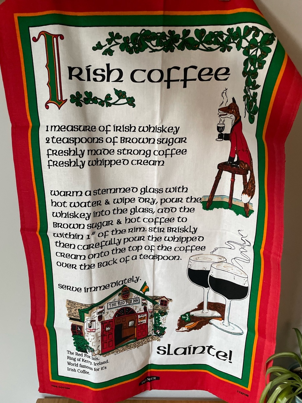 Vintage Red Fox Inn Irish Coffee Tea Towel 100% Cotton 20” x 30”